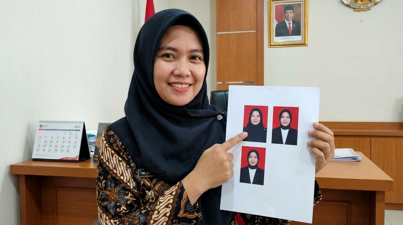 Supporting image showing the final accepted-looking result for aturan jilbab pas foto resmi.