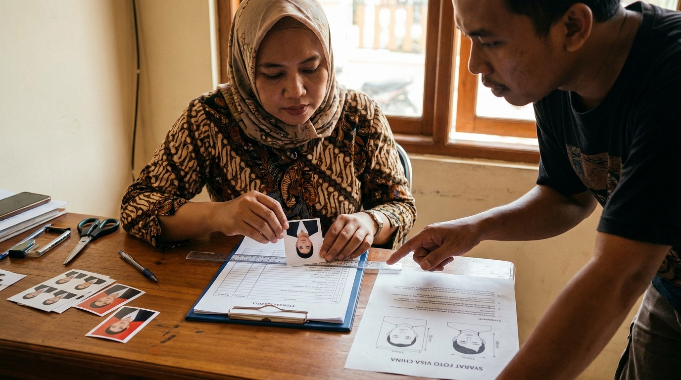 Supporting image that visualizes the requirements, checklist, or technical standards from "Jawaban Cepat: Ukuran dan Komposisi Foto Visa China".