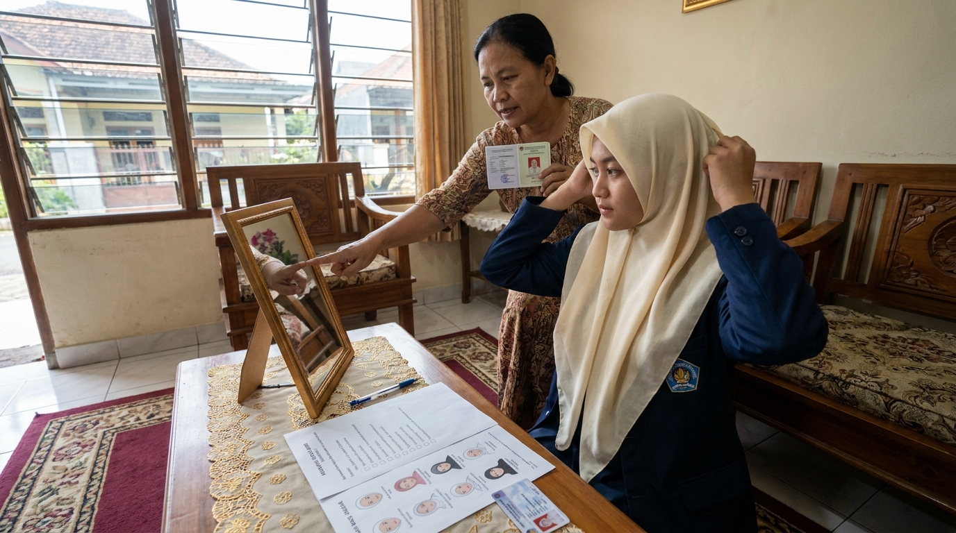 Supporting image that visualizes the requirements, checklist, or technical standards from "Standar Visibilitas Wajah: Menyeimbangkan Syariat dan Aturan Birokrasi".