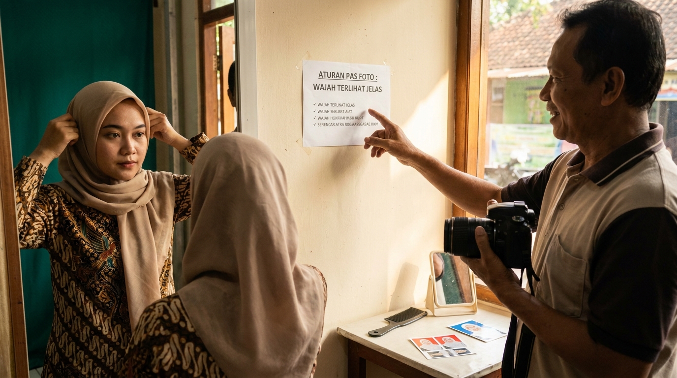 Supporting image that visualizes the requirements, checklist, or technical standards from "Aturan Posisi Hijab: Menampilkan Wajah Sesuai Standar".