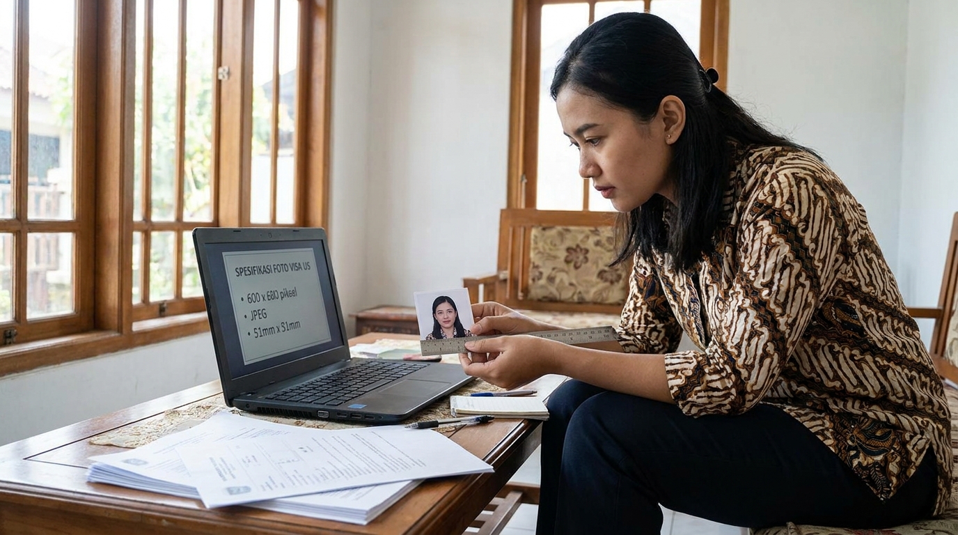 Supporting image that visualizes the requirements, checklist, or technical standards from "Spesifikasi Teknis Foto Visa US (Digital & Cetak)".