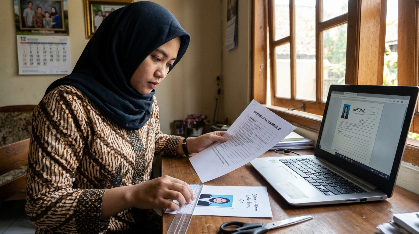 Supporting image that visualizes the requirements, checklist, or technical standards from "Spesifikasi Teknis: Ukuran dan Latar Belakang".