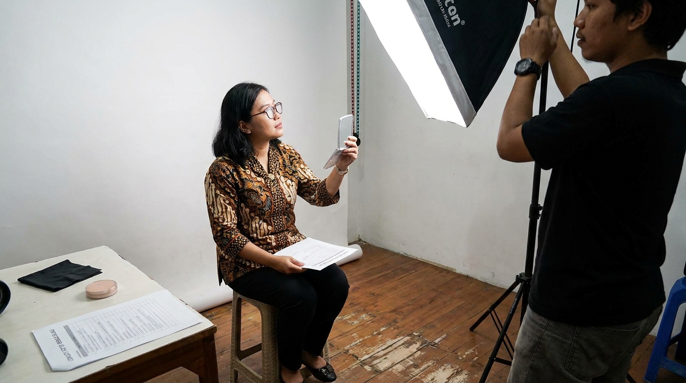 Supporting image that visualizes the requirements, checklist, or technical standards for atasi silau kacamata pas foto.