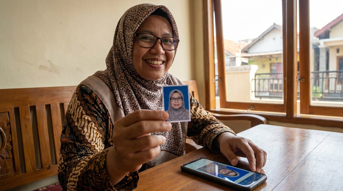 Supporting image showing the final accepted-looking result for atasi silau kacamata pas foto.