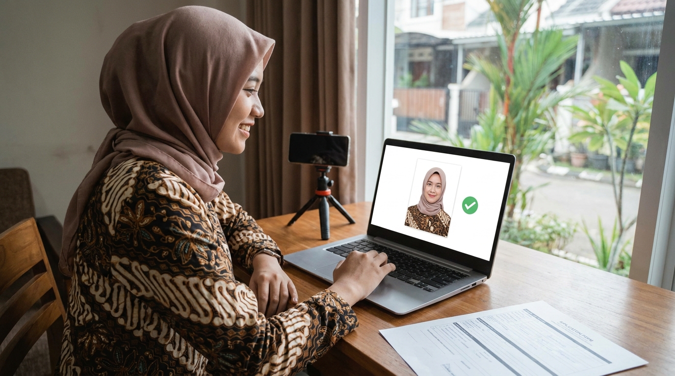 Supporting image showing the final accepted-looking result described in "Solusi Praktis Mendapatkan Foto Standar Studio dari Rumah".