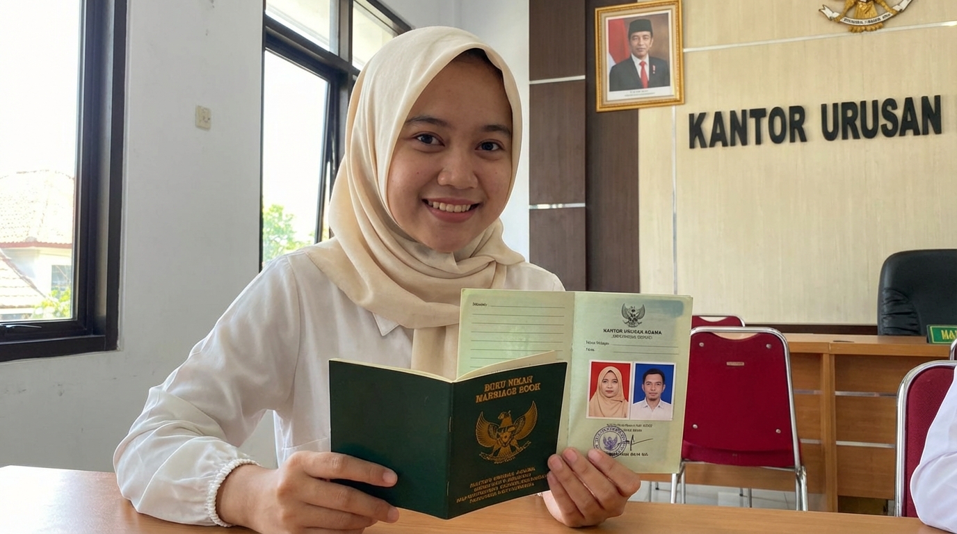 Supporting image showing the final accepted-looking result for warna hijab untuk foto buku nikah.