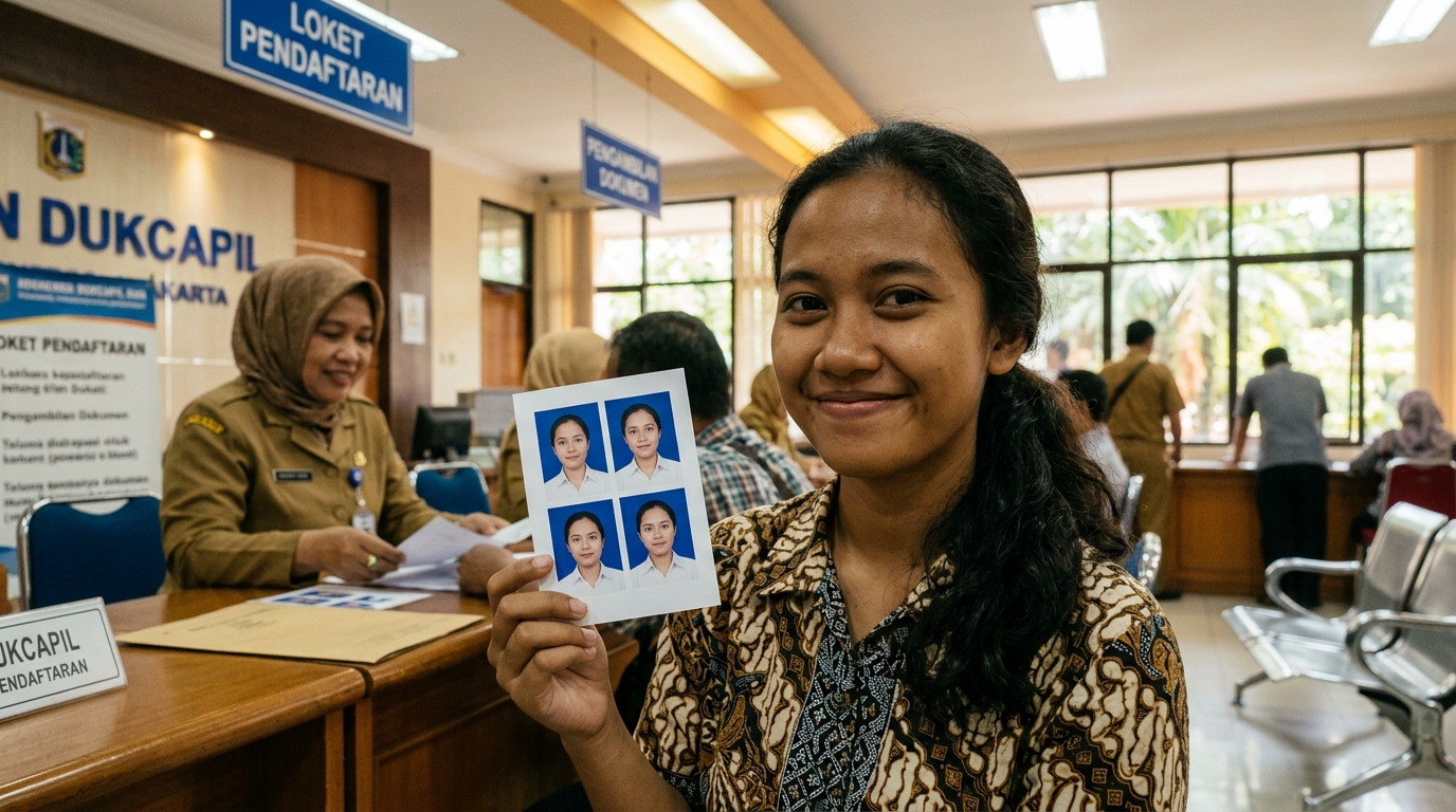 Supporting image showing the final accepted-looking result described in "Syarat Teknis Pas Foto Resmi Dukcapil yang Wajib Anda Tahu".