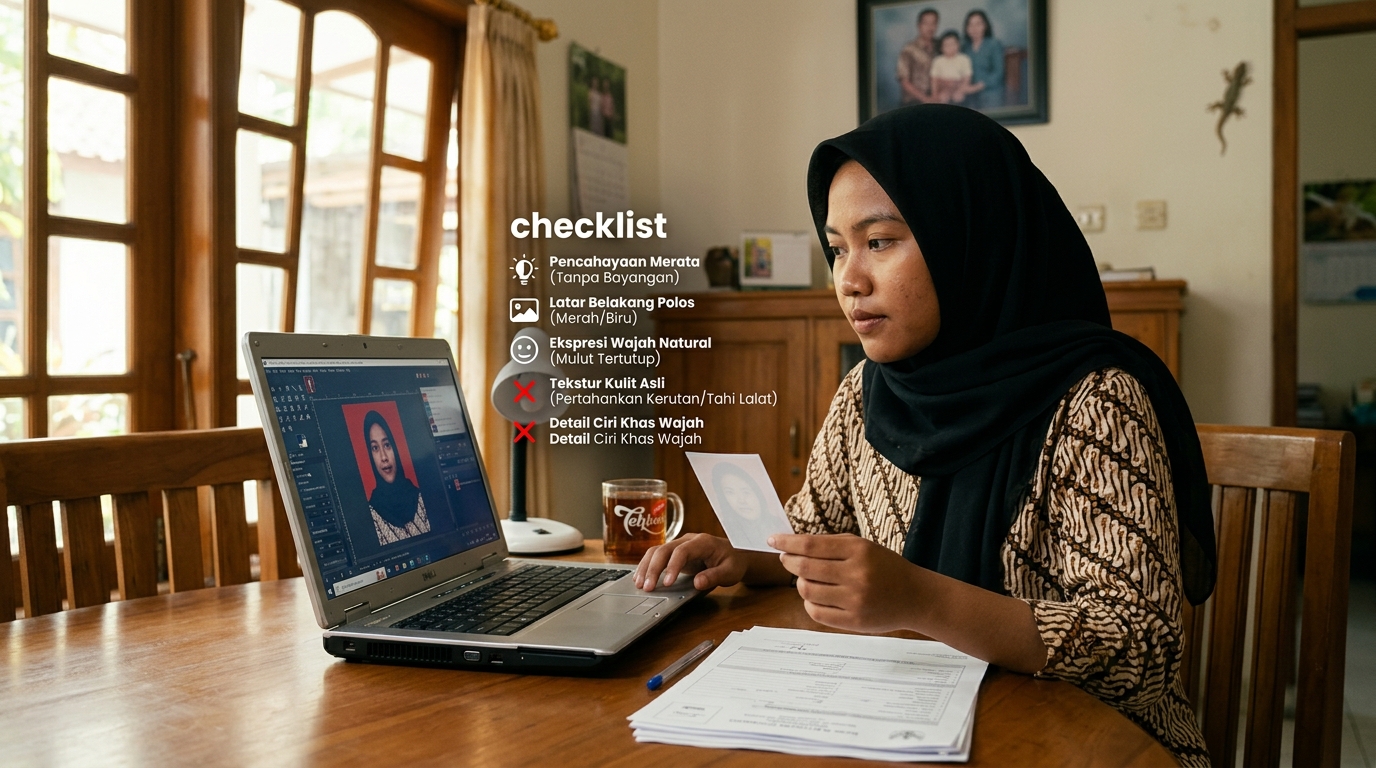 Supporting image that visualizes the requirements, checklist, or technical standards from "Tips Agar Foto AI Terlihat Natural dan Memenuhi Syarat Dokumen Resmi".