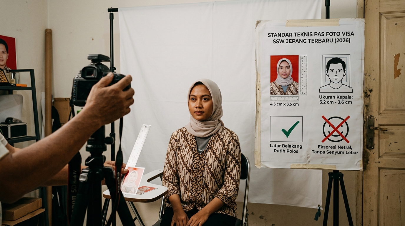 Supporting image that visualizes the requirements, checklist, or technical standards from "Standar Teknis Pas Foto Visa SSW Jepang Terbaru".