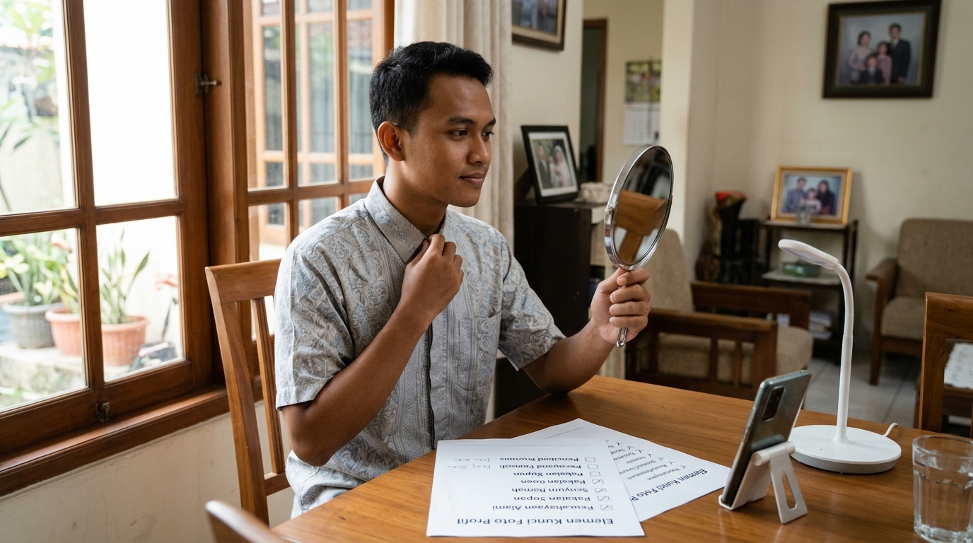 Supporting image that visualizes the requirements, checklist, or technical standards from "Elemen Kunci Foto Profil yang Natural dan Berwibawa".