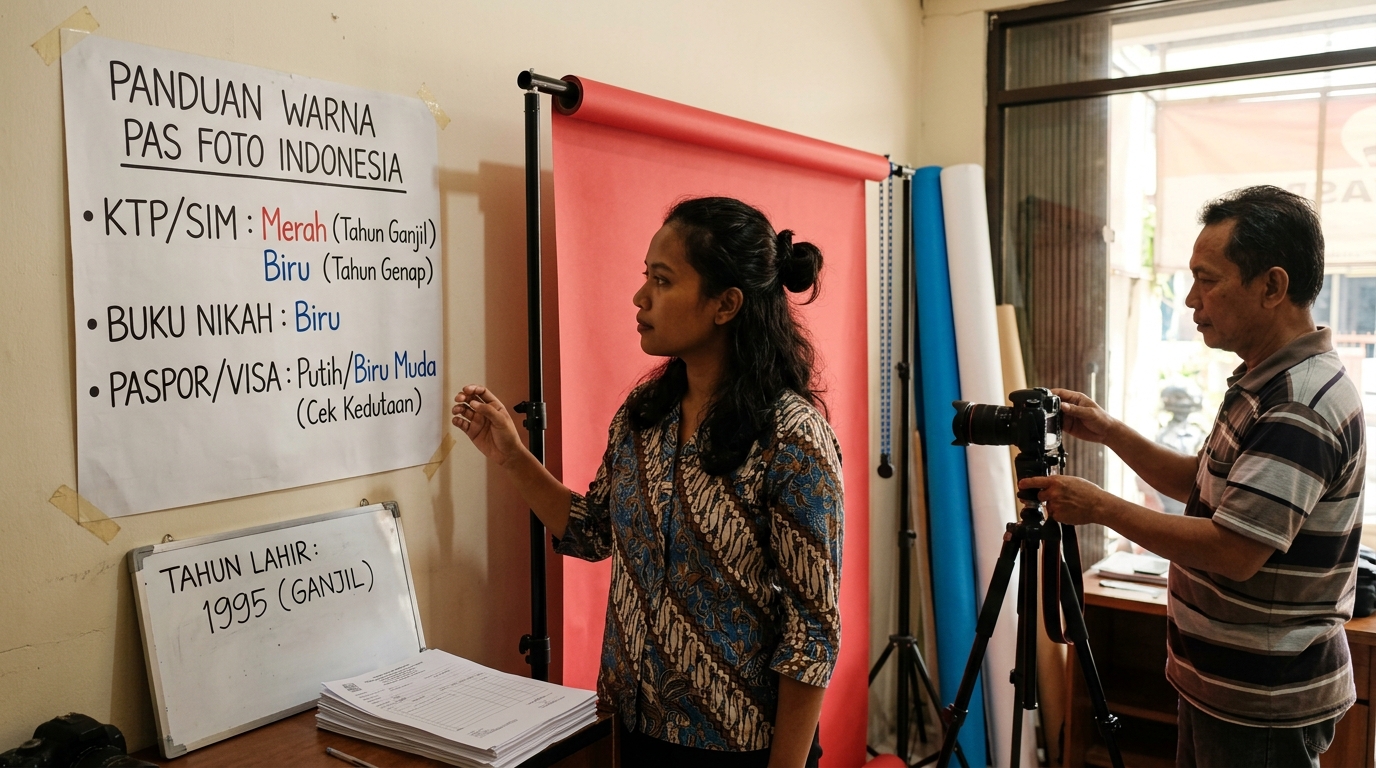 Supporting image that visualizes the requirements, checklist, or technical standards from "Panduan Warna Latar Belakang Pas Foto yang Umum di Indonesia".