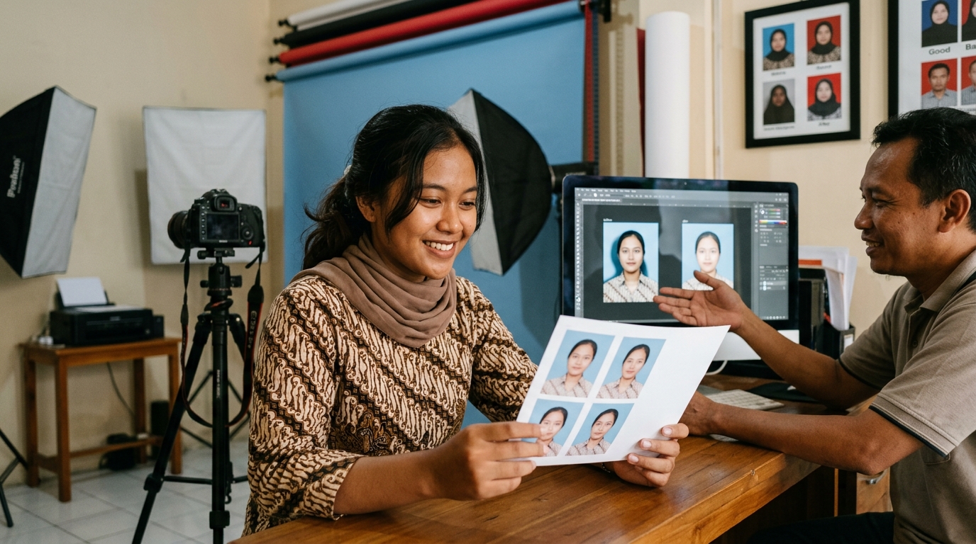 Supporting image showing the final accepted-looking result described in "Penyebab Umum Bayangan di Pas Foto".