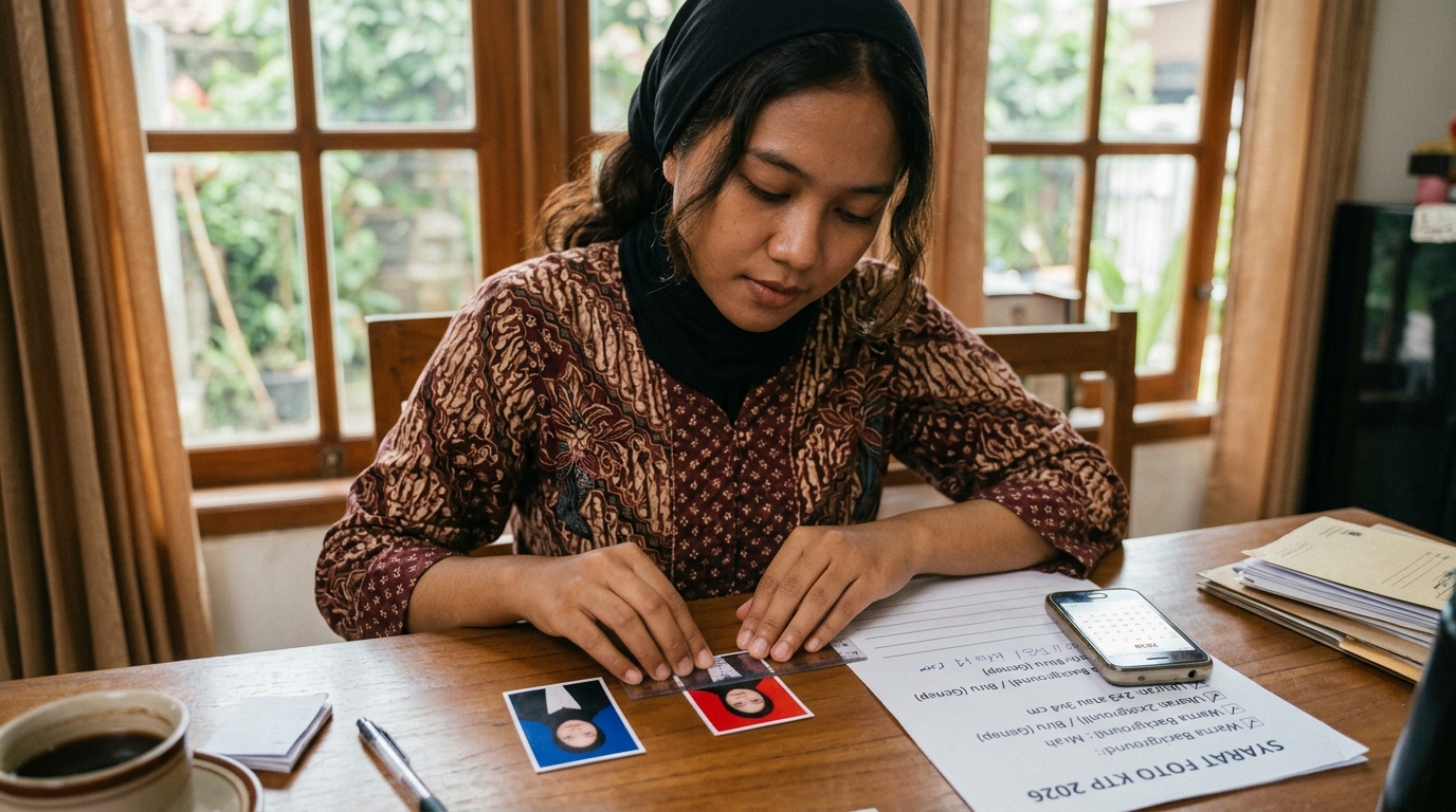 Supporting image that visualizes the requirements, checklist, or technical standards from "Ukuran dan Warna Background Foto KTP yang Benar".