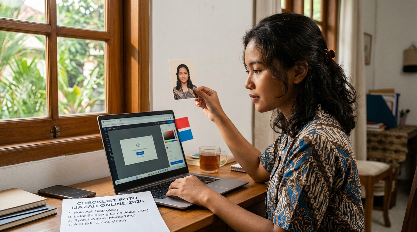 Supporting image that visualizes the requirements, checklist, or technical standards from "Panduan Langkah Demi Langkah Mengganti Latar Belakang Foto Ijazah Online".