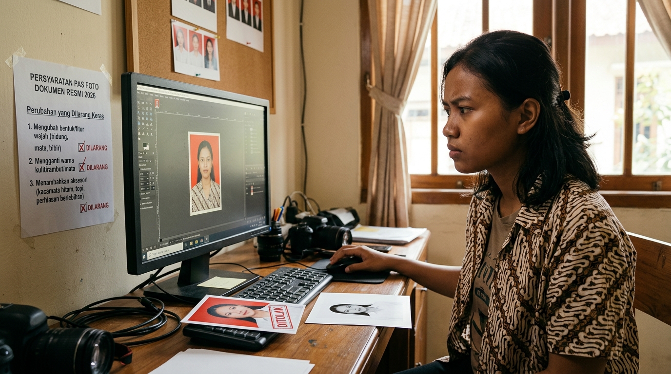 Supporting image that visualizes the requirements, checklist, or technical standards from "Perubahan yang Dilarang Keras pada Pas Foto Dokumen".