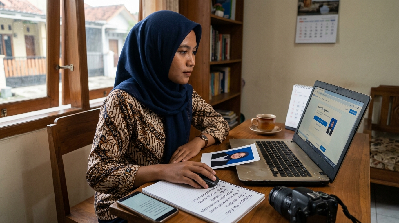 Supporting image that visualizes the requirements, checklist, or technical standards from "Panduan Mengganti Background Pas Foto Biru ke Merah secara Online".
