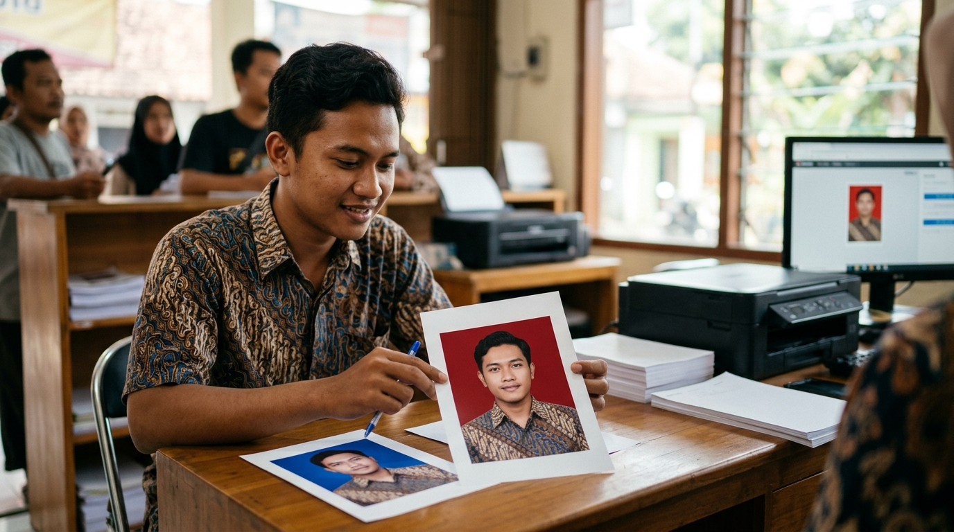 Supporting image showing the final accepted-looking result described in "Tips Agar Hasil Penggantian Background Pas Foto Sempurna".