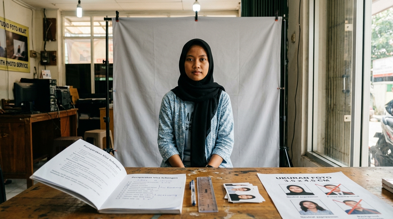 Supporting image that visualizes the requirements, checklist, or technical standards from "Persyaratan Umum Foto Visa Schengen Spanyol".
