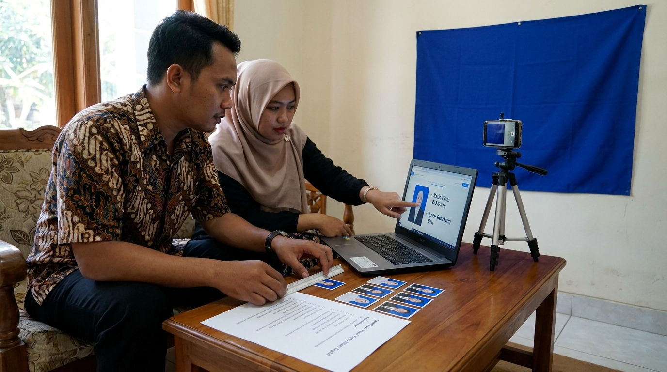 Ilustrasi pasangan memeriksa dokumen pernikahan dan akses kartu nikah digital