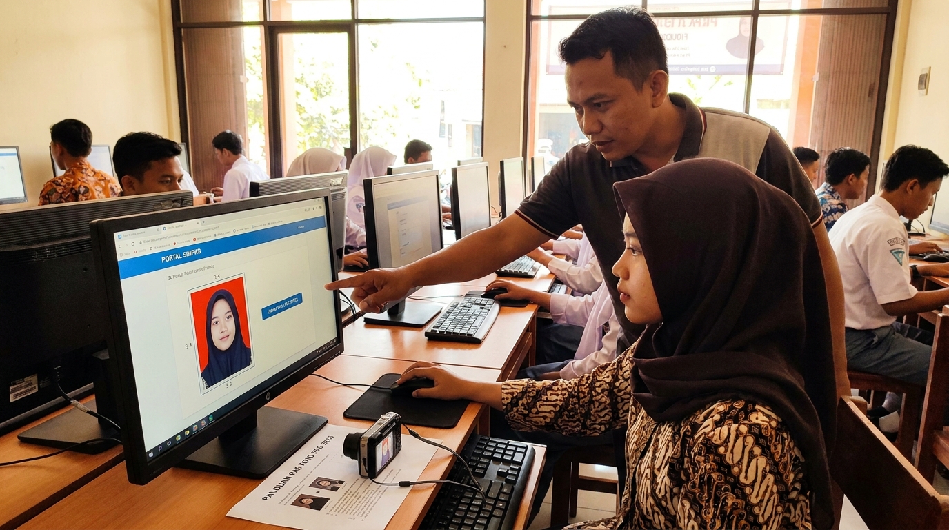Ilustrasi pas foto formal PPG 2026 dengan latar belakang merah dan jas gelap