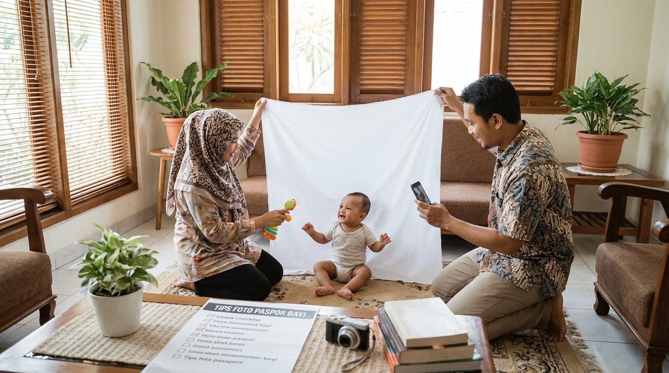 Seorang ibu sedang mengambil foto bayi untuk paspor di rumah dengan latar belakang putih