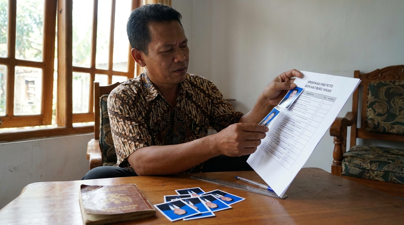 Supporting image that visualizes the requirements, checklist, or technical standards from "Spesifikasi Pas Foto untuk Duplikat Buku Nikah".