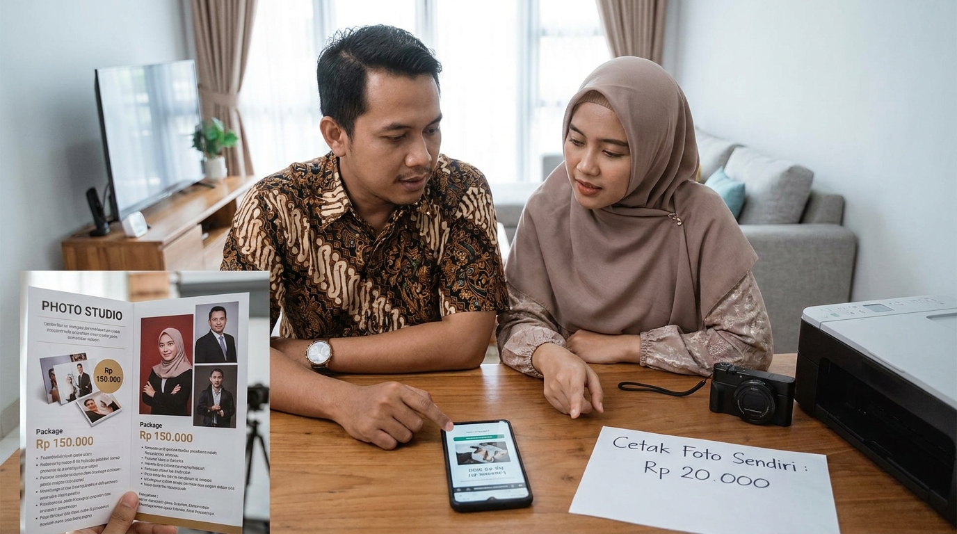 Pasangan sedang menyiapkan berkas foto buku nikah dengan latar belakang biru