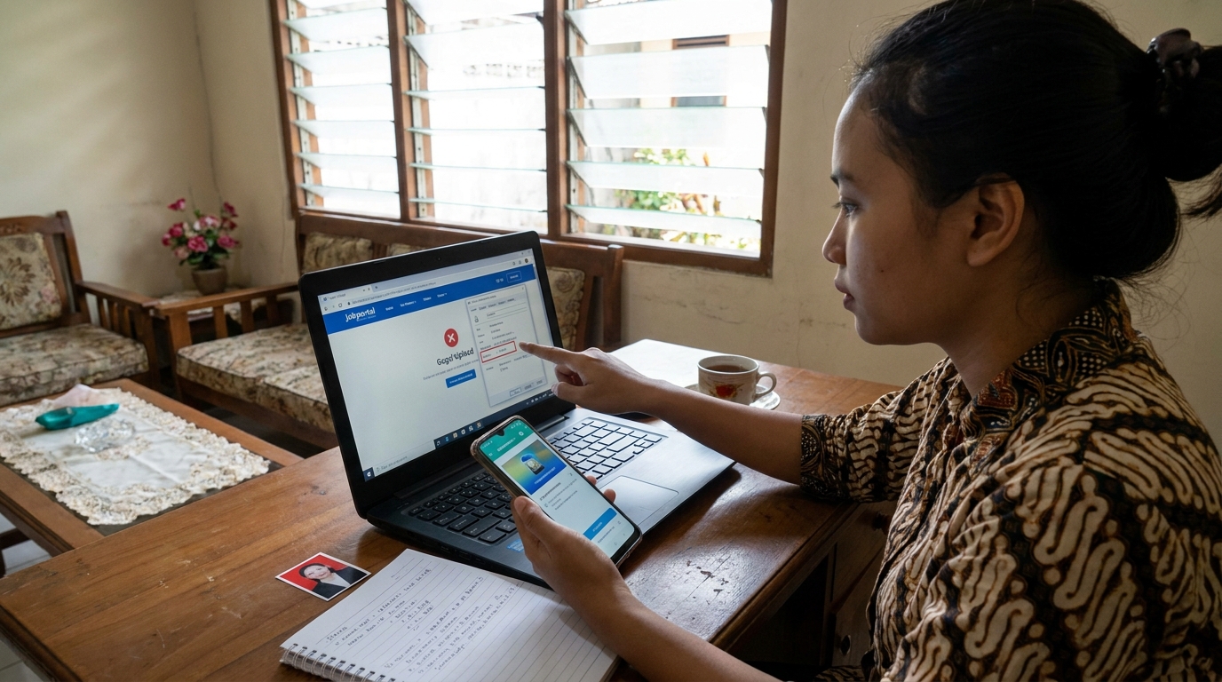 Seorang pelamar kerja bingung melihat notifikasi gagal upload pas foto di layar komputer.