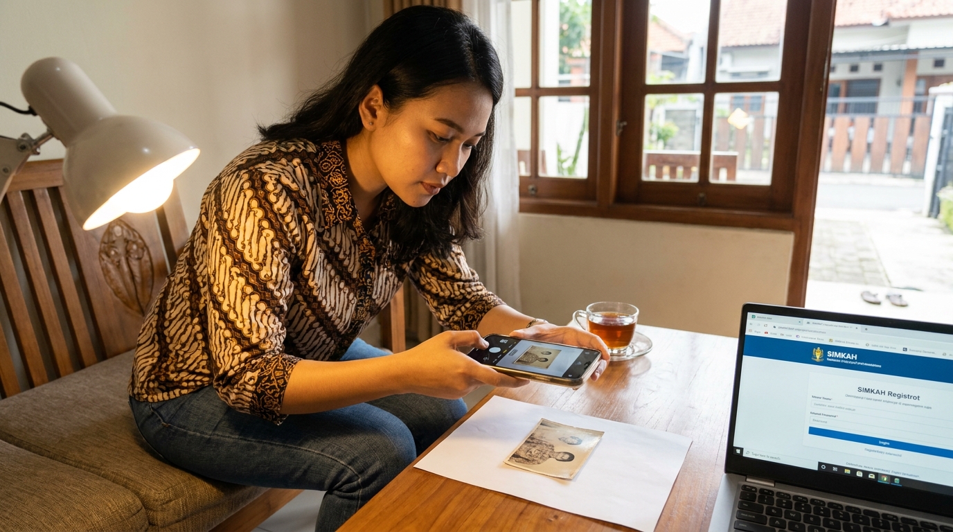 Seseorang menggunakan smartphone untuk memindai pas foto fisik di atas meja kayu dengan cahaya alami.