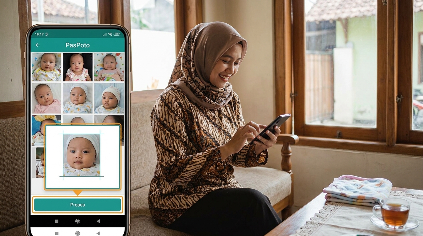 Seorang bayi berbaring di atas sprei putih untuk sesi pas foto di rumah