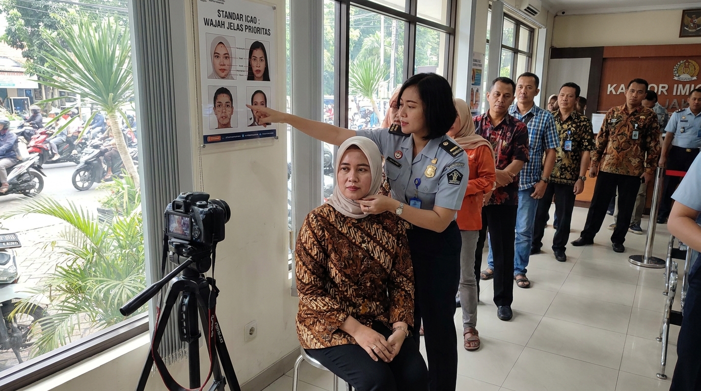 Wanita berhijab rapi melakukan proses pengambilan foto untuk dokumen resmi dengan latar belakang kontras.