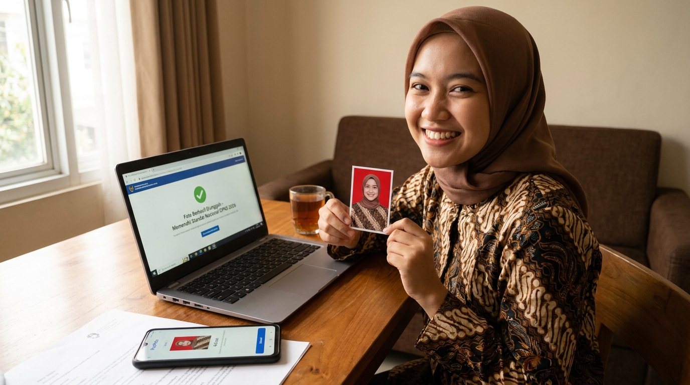 Supporting image showing the final accepted-looking result described in "Solusi Praktis Menyiapkan Foto Standar Nasional".