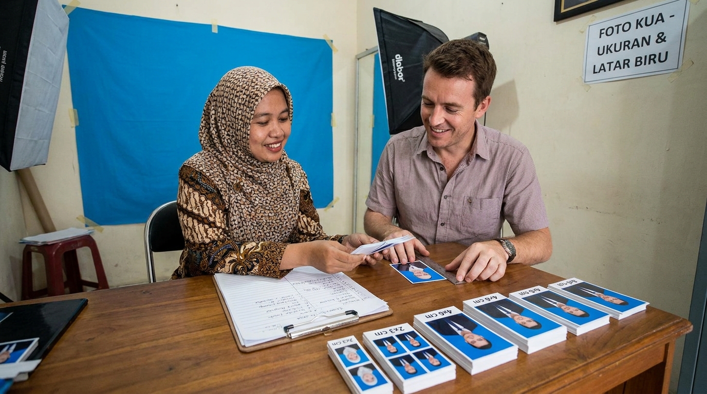 Supporting image that visualizes the requirements, checklist, or technical standards from "Ketentuan Ukuran dan Warna Latar Foto Nikah WNA".