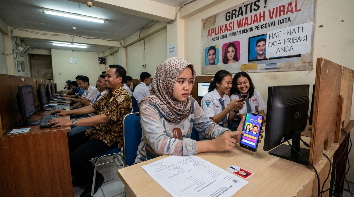 Hero image showing the broader real-world context for keamanan data foto ai, inspired by the section "Memahami Risiko di Balik Aplikasi Wajah Gratis".