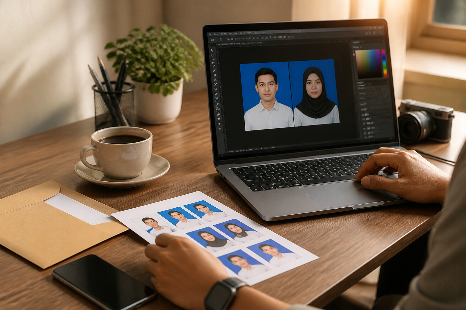 Foto buku nikah disiapkan dalam keluaran digital dan cetak di meja kerja.