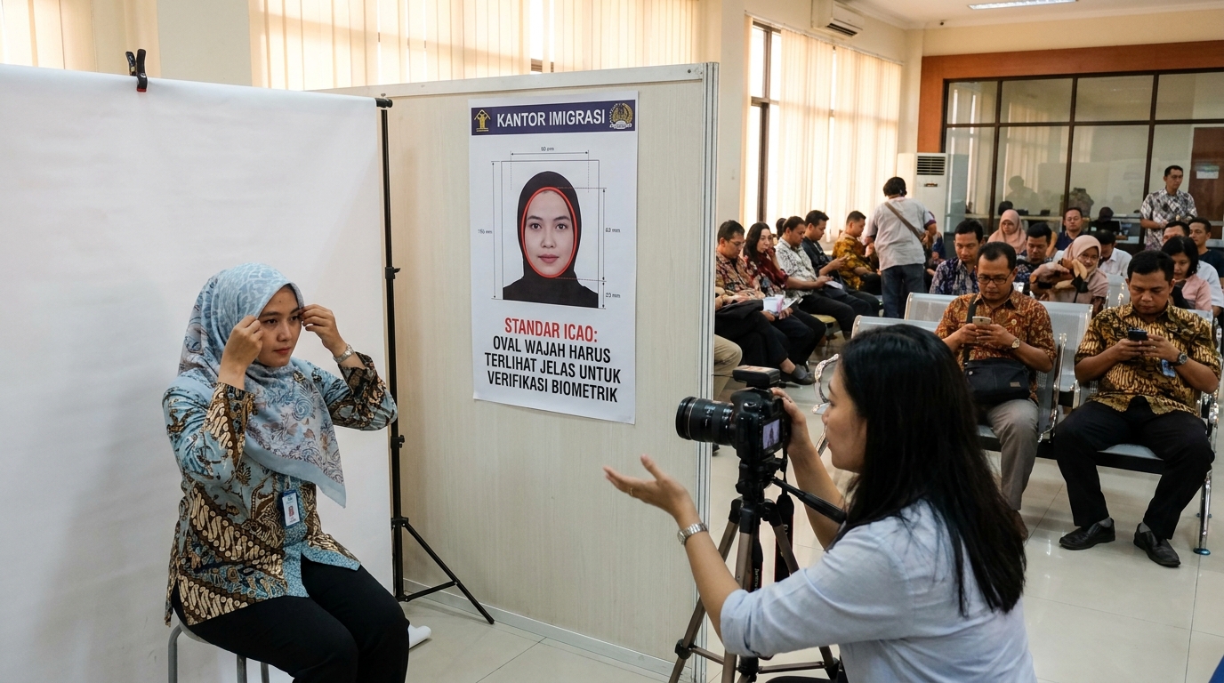 Hero image showing the broader real-world context for pas foto hijab biometrik, inspired by the section "Memahami Standar ICAO: Mengapa Oval Wajah Harus Terlihat?".