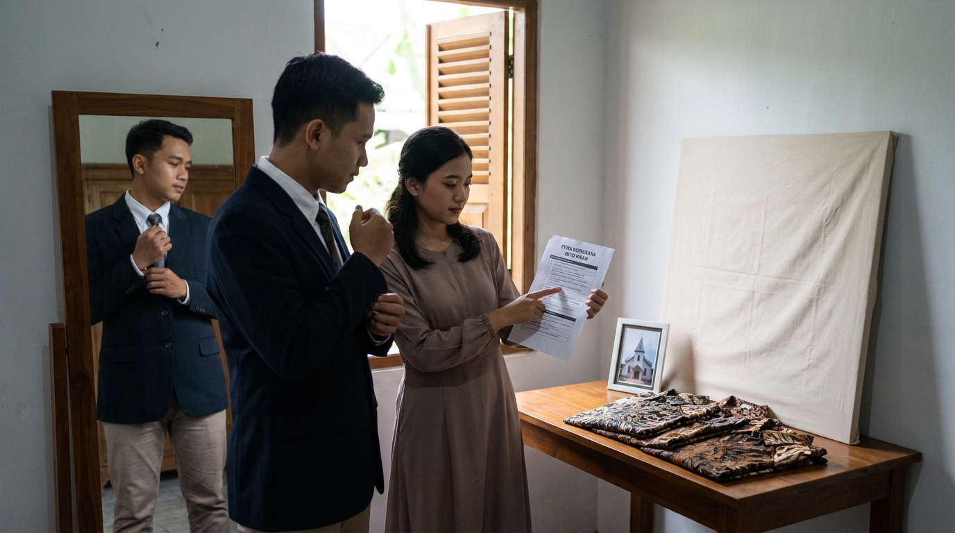 Supporting image that visualizes the requirements, checklist, or technical standards from "Etika Berbusana untuk Foto Nikah Gereja dan Vihara".