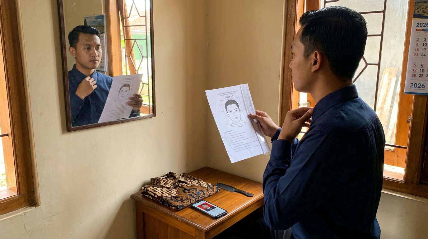 Supporting image that visualizes the requirements, checklist, or technical standards from "Komposisi Wajah dan Aturan Berpakaian".