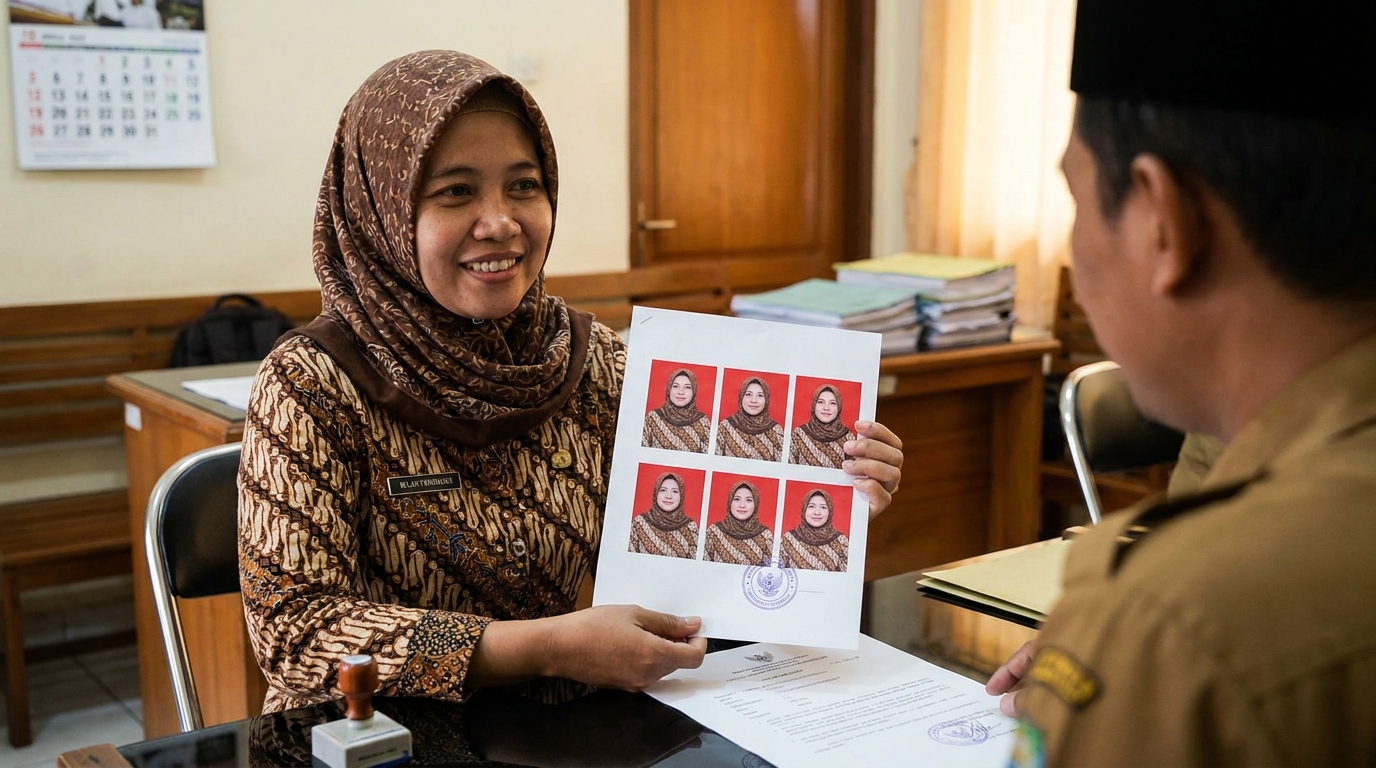 Supporting image showing the final accepted-looking result for pas foto hijab dokumen resmi.