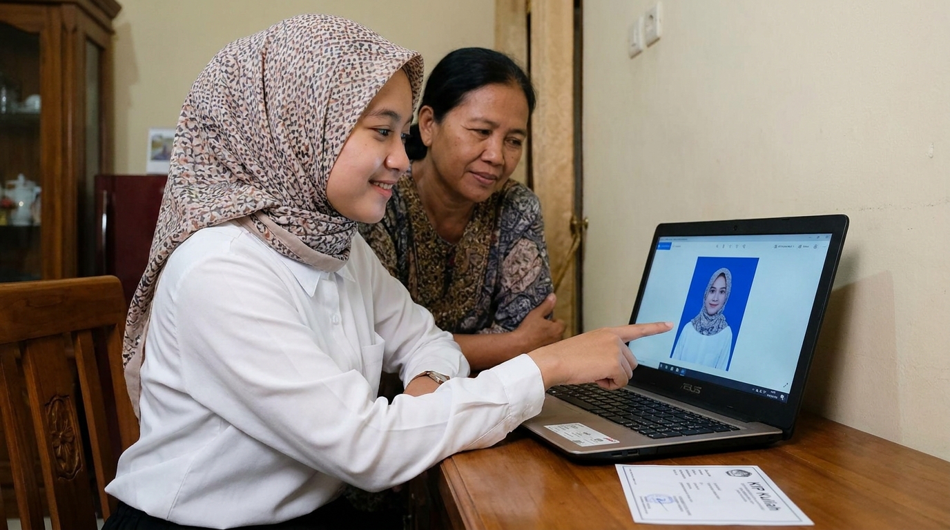 Supporting image showing the final accepted-looking result described in "Ketentuan Latar Belakang dan Pakaian".