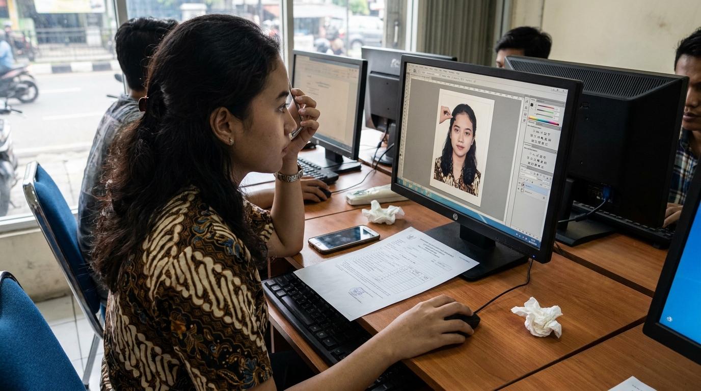 Supporting image showing the main action or workflow for rambut menutupi wajah pas foto.