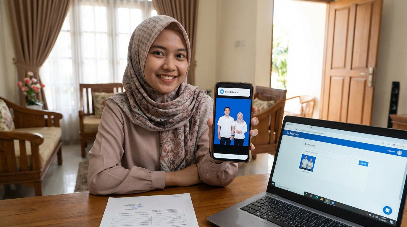 Supporting image showing the final accepted-looking result described in "Solusi PasPoto: Kualitas Studio Tanpa Keluar Rumah".