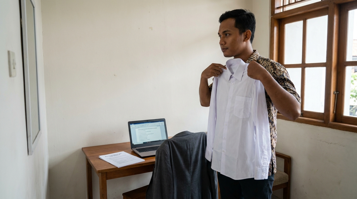Supporting image that visualizes the requirements, checklist, or technical standards from "Ketentuan Pakaian dan Latar Belakang".