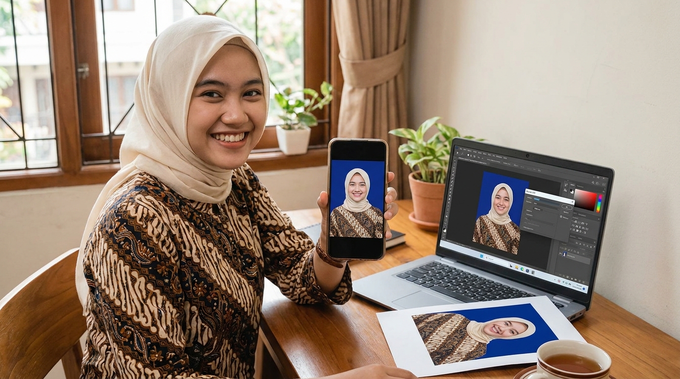 Supporting image showing the final accepted-looking result described in "Proses Penggantian Latar Belakang Secara Digital".