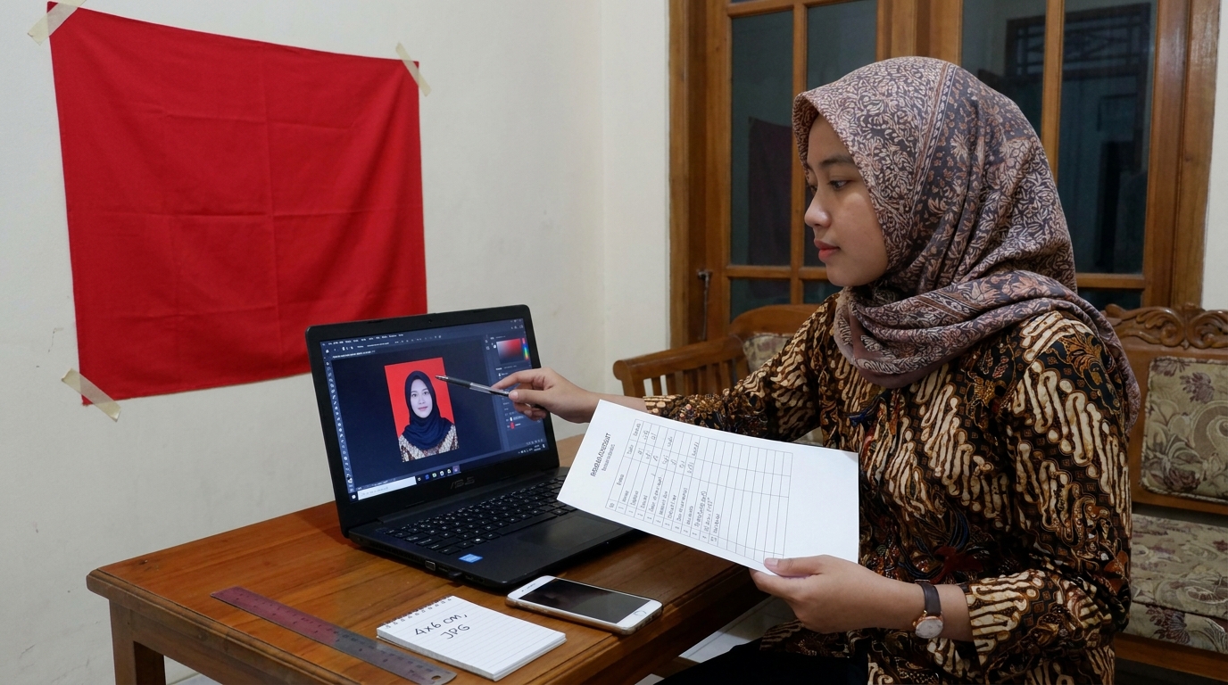 Supporting image that visualizes the requirements, checklist, or technical standards from "Spesifikasi Ukuran dan Latar Belakang".
