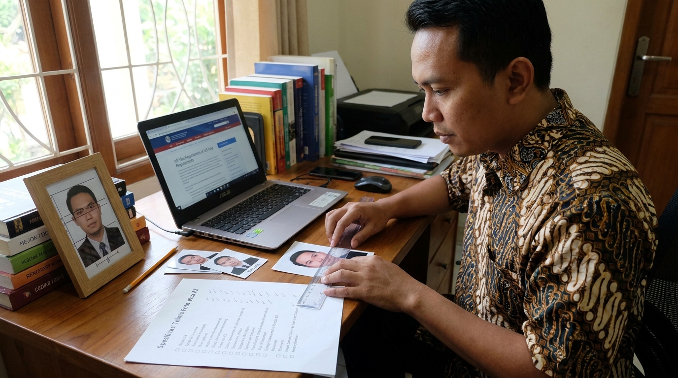 Supporting image that visualizes the requirements, checklist, or technical standards from "Spesifikasi Teknis Ukuran Foto Visa Amerika 5x5".