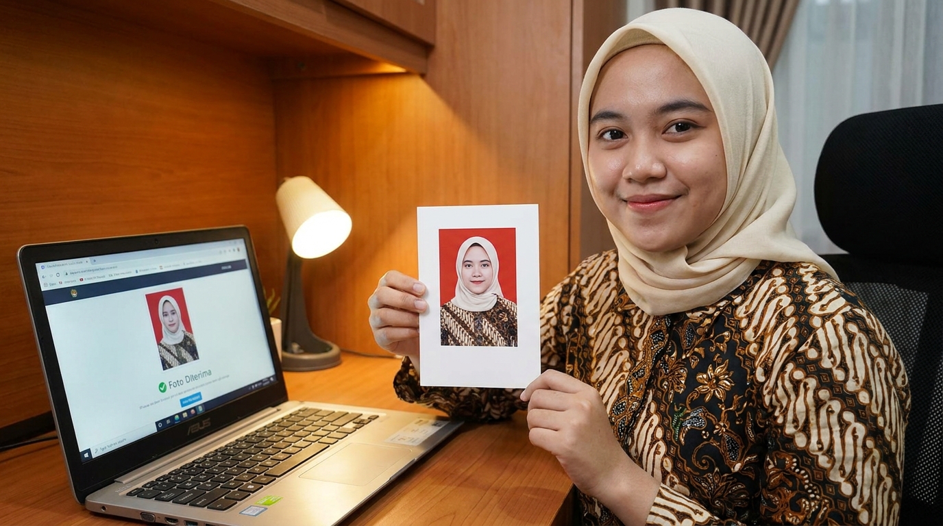 Supporting image showing the final accepted-looking result described in "Solusi Praktis Mendapatkan Foto Standar Internasional".