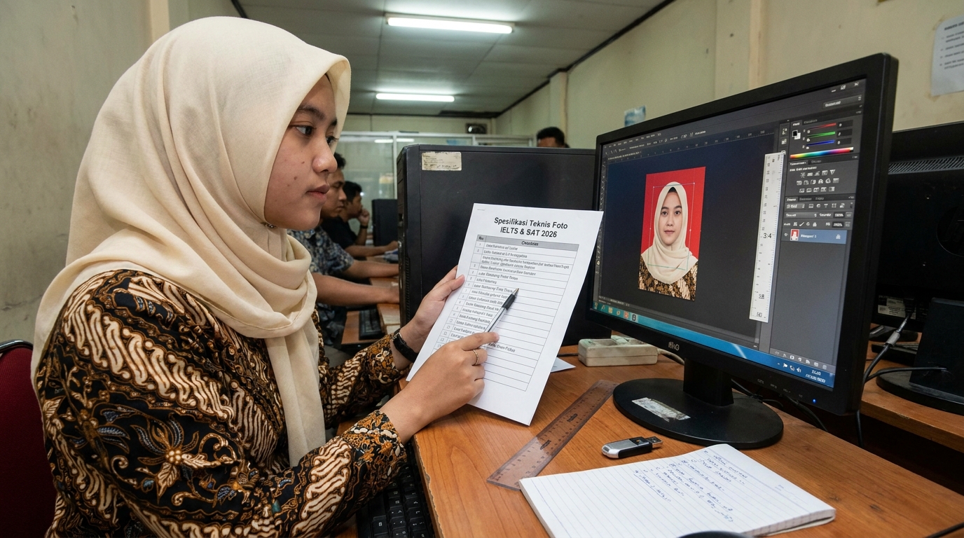 Supporting image that visualizes the requirements, checklist, or technical standards from "Spesifikasi Teknis Foto IELTS & SAT 2026".