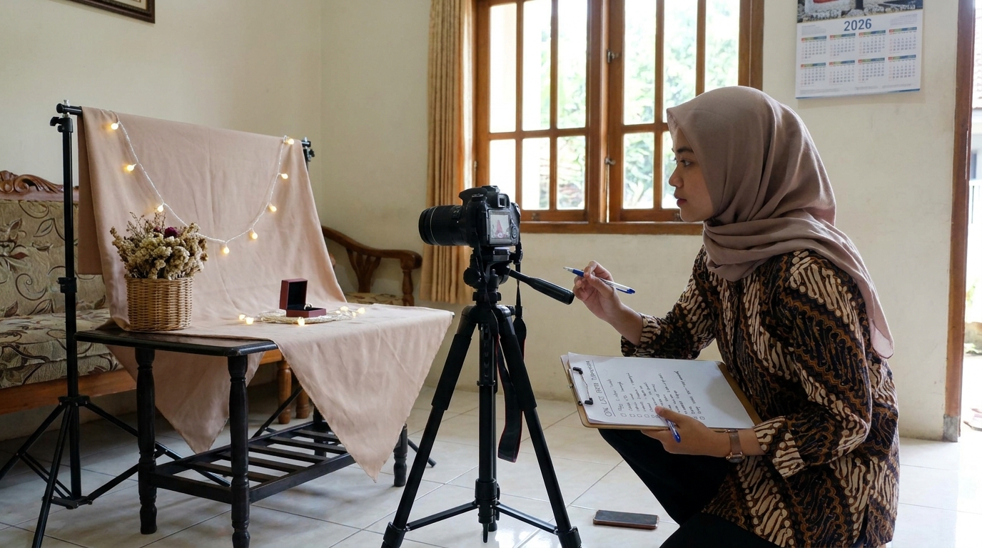 Supporting image that visualizes the requirements, checklist, or technical standards for foto tunangan di rumah.