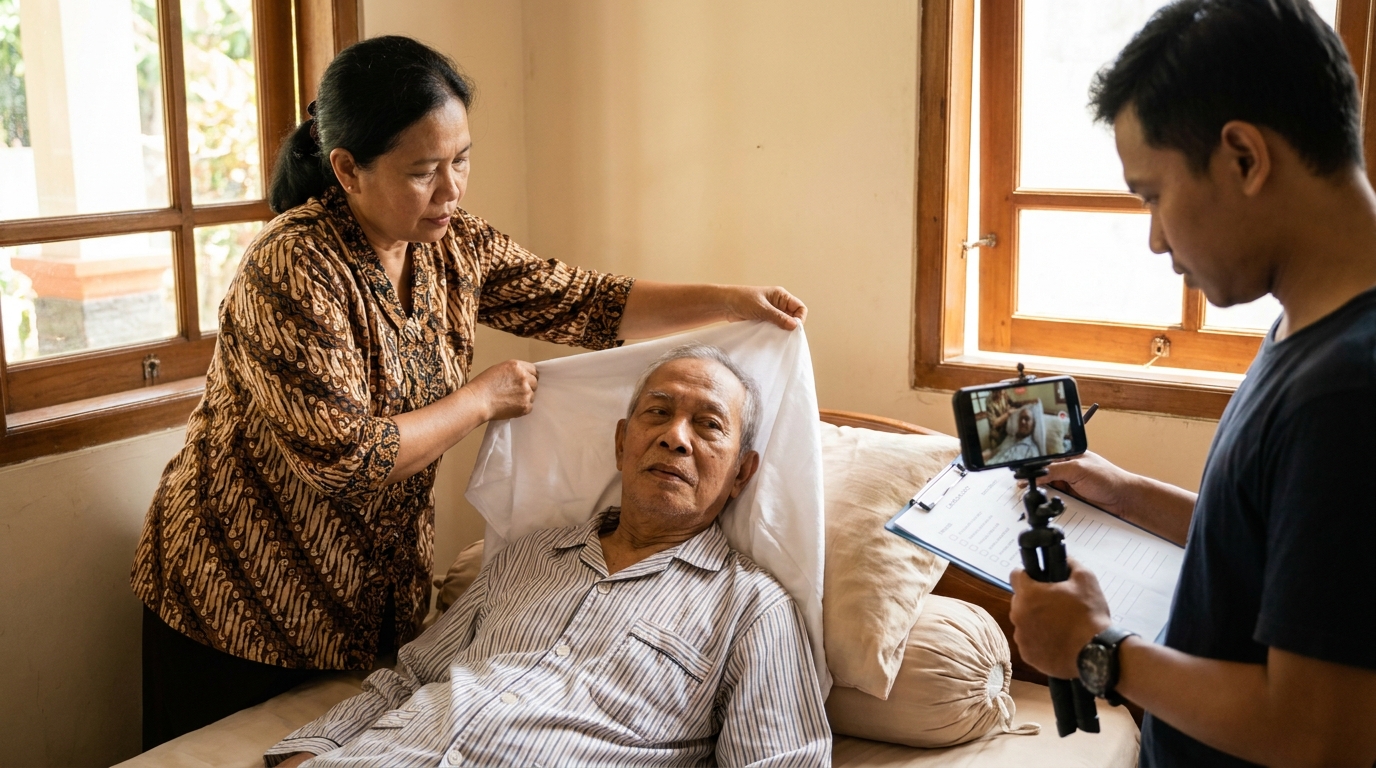 Supporting image that visualizes the requirements, checklist, or technical standards from "Teknik Pengambilan Foto di Tempat Tidur atau Kursi Roda".